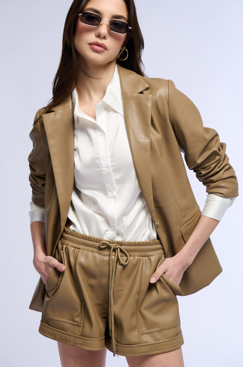 GIRL BOSS SOFT FAUX LEATHER BLAZER IN BROWN