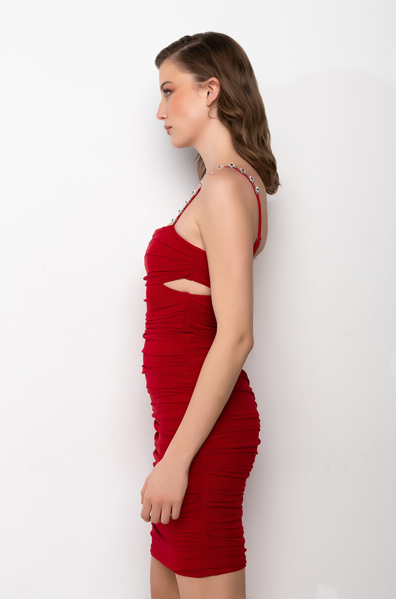 GOT YOUR HEART ON MY SHOULDERS RUCHED MIDI DRESS