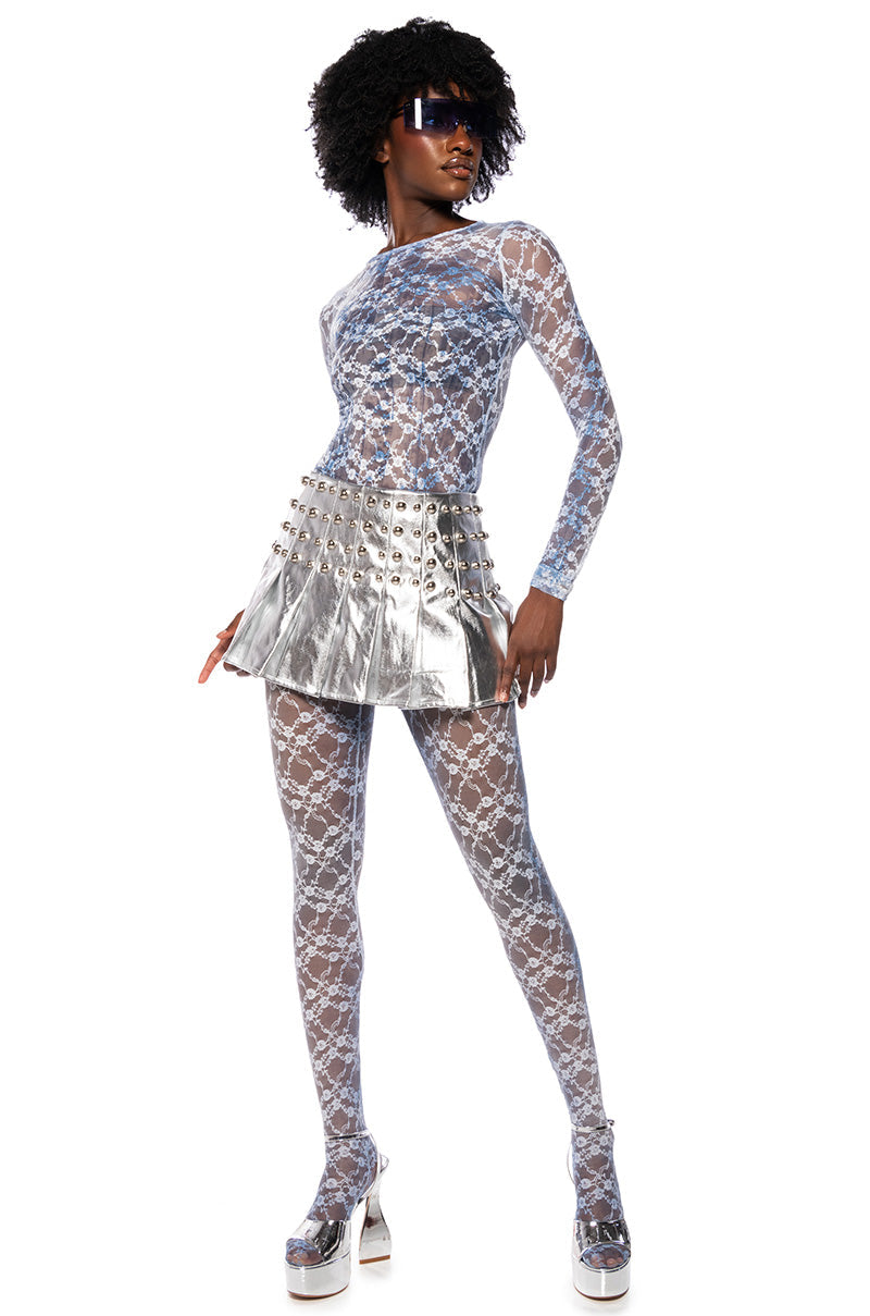 HELENA STUDDED FAUX LEATHER PLEATED SKIRT IN SILVER