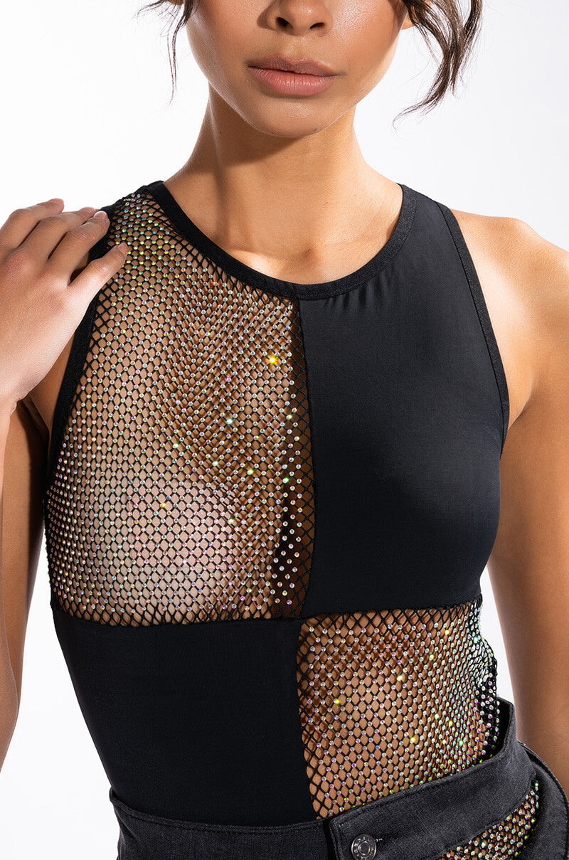 HERE AND THERE RHINESTONE MESH PANEL SLEEVELESS CHEEKY BODYSUIT