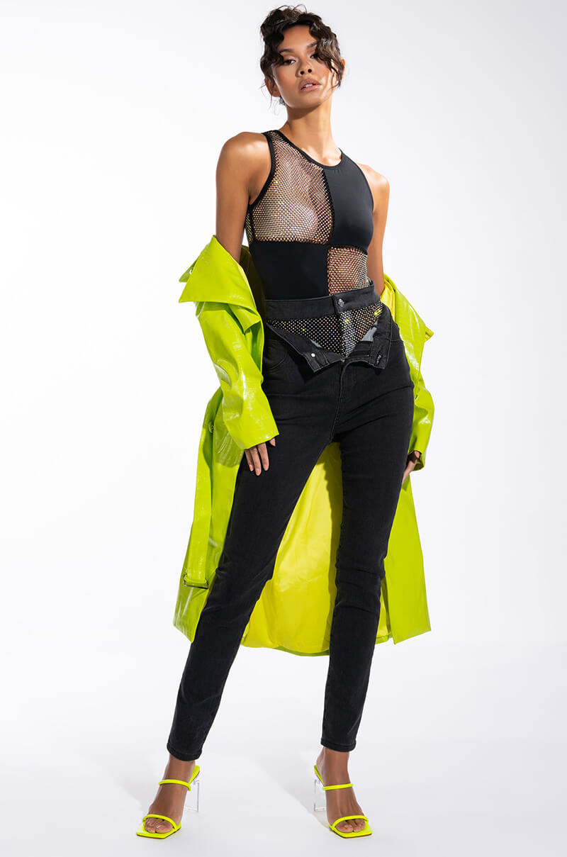HERE AND THERE RHINESTONE MESH PANEL SLEEVELESS CHEEKY BODYSUIT