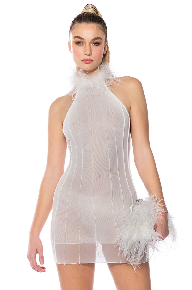 HERE TO PARTY FEATHER MINI DRESS