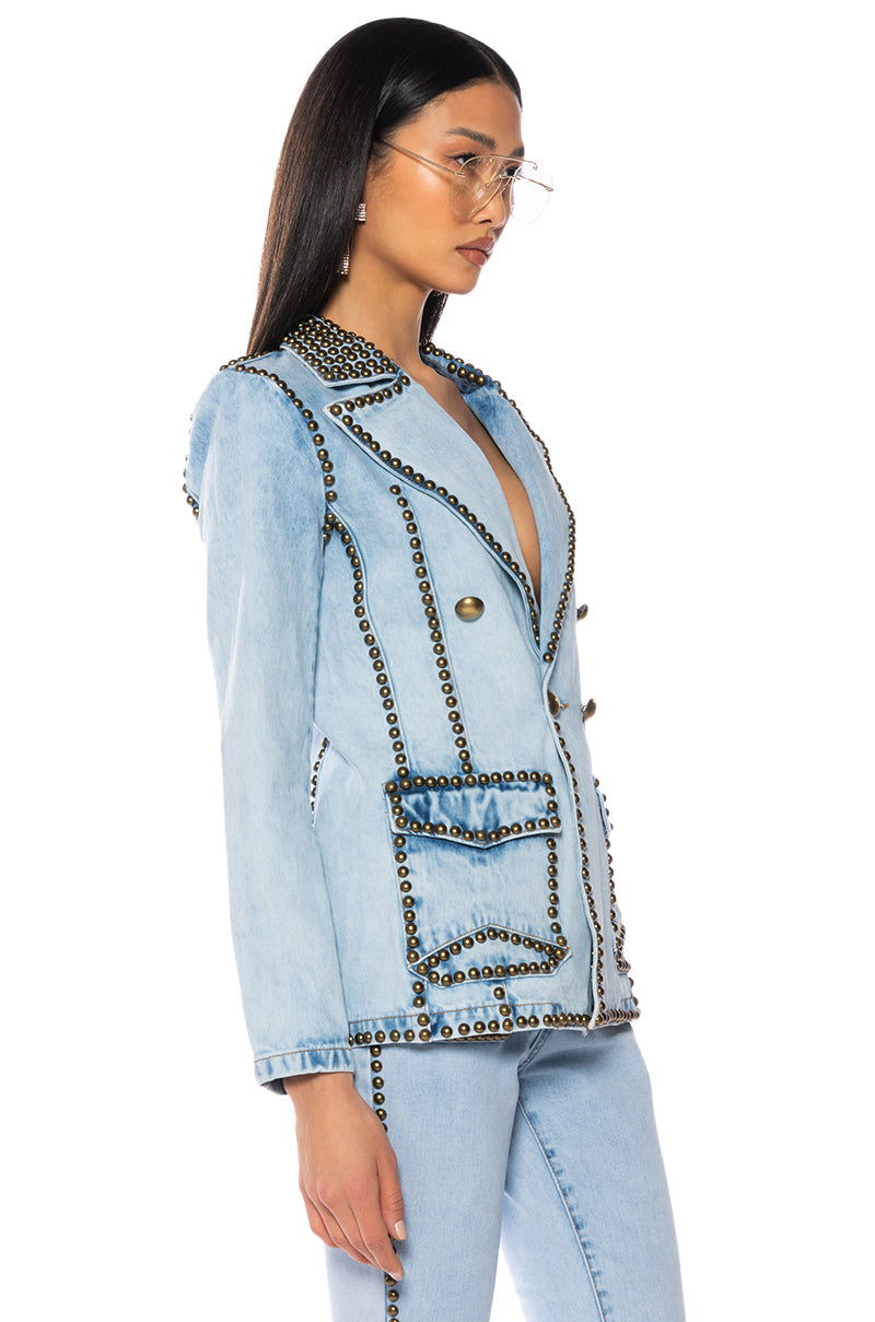HERE TO STAND OUT EMBELLISHED DENIM BLAZER