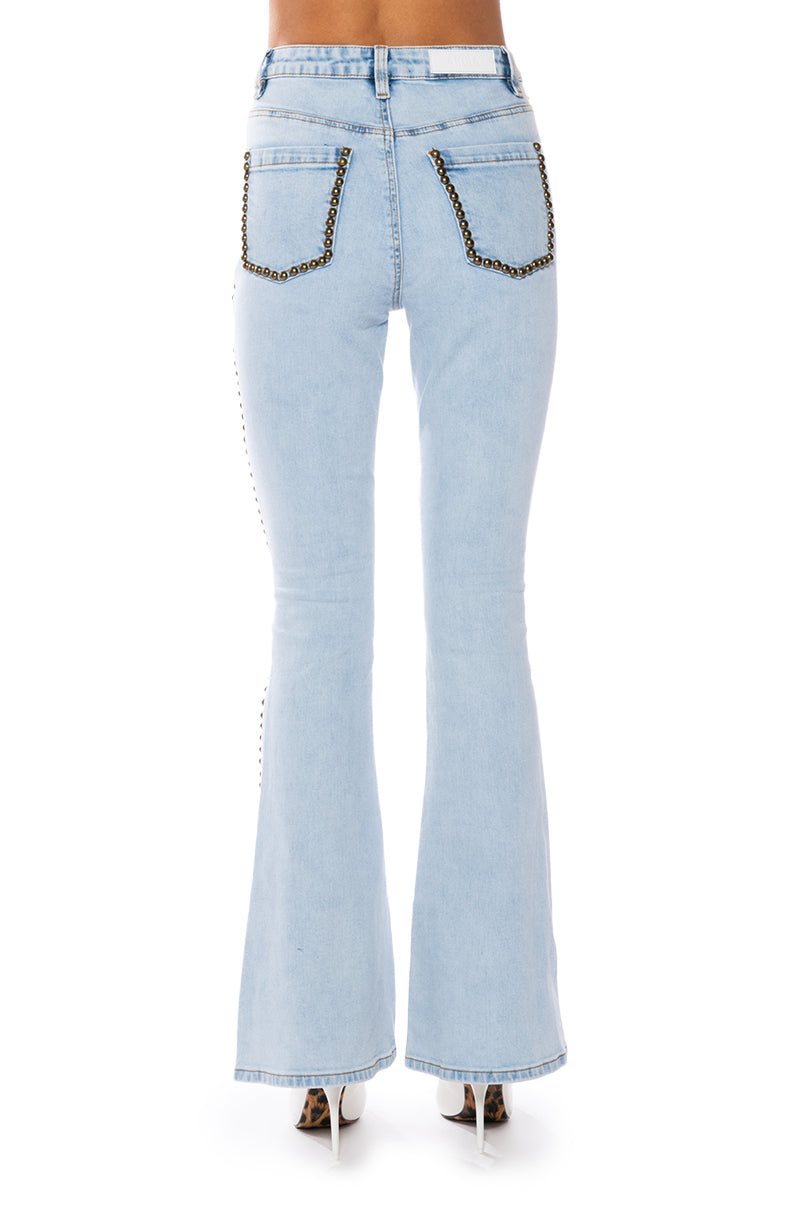 HERE TO STAND OUT EMBELLISHED HIGH RISE FLARE JEANS