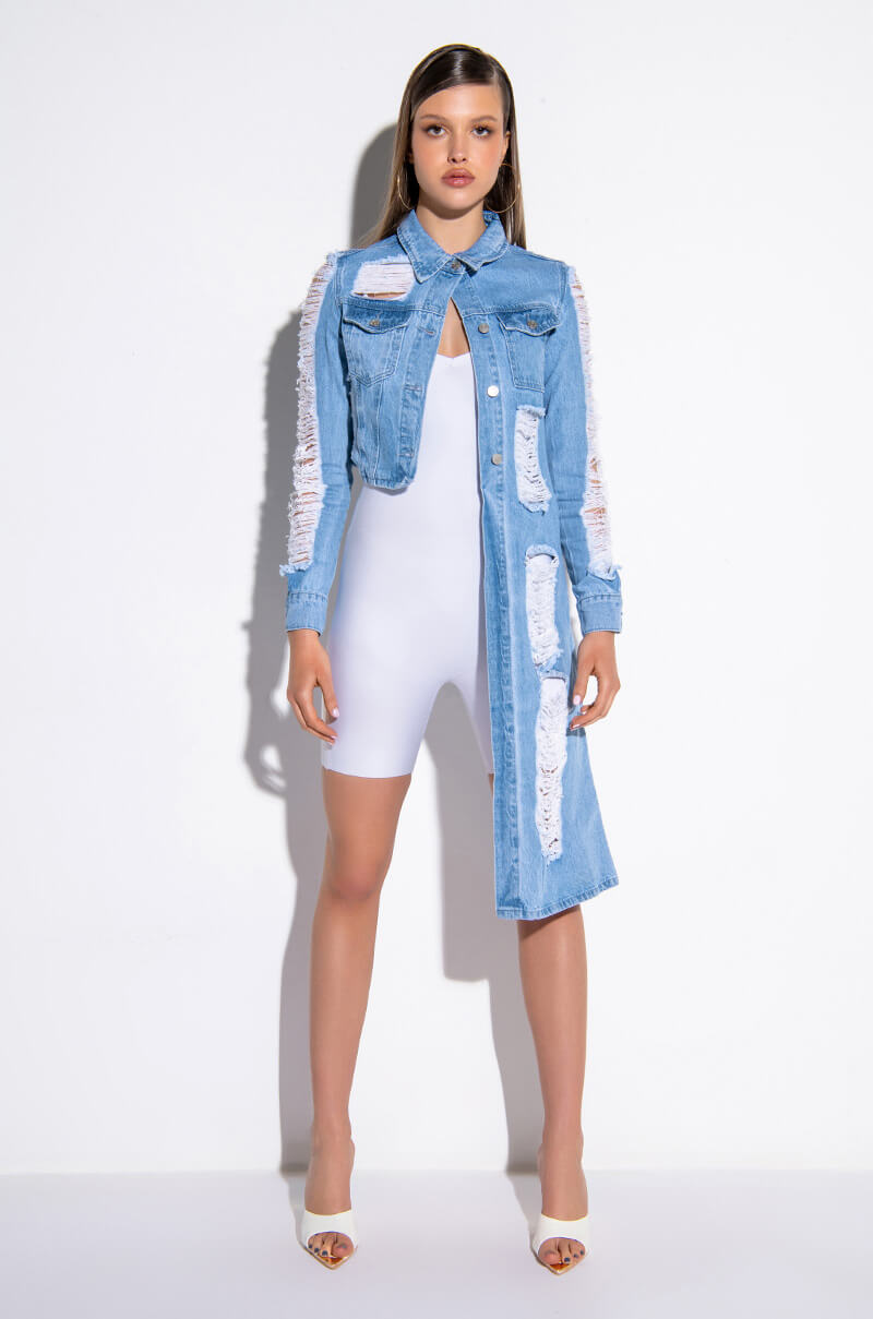 HI LO DISTRESSED DENIM JACKET