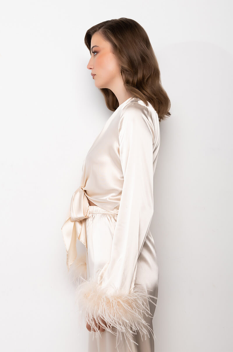 HIDDEN AGENDA FEATHER DETAIL SATIN TIE FRONT BLOUSE