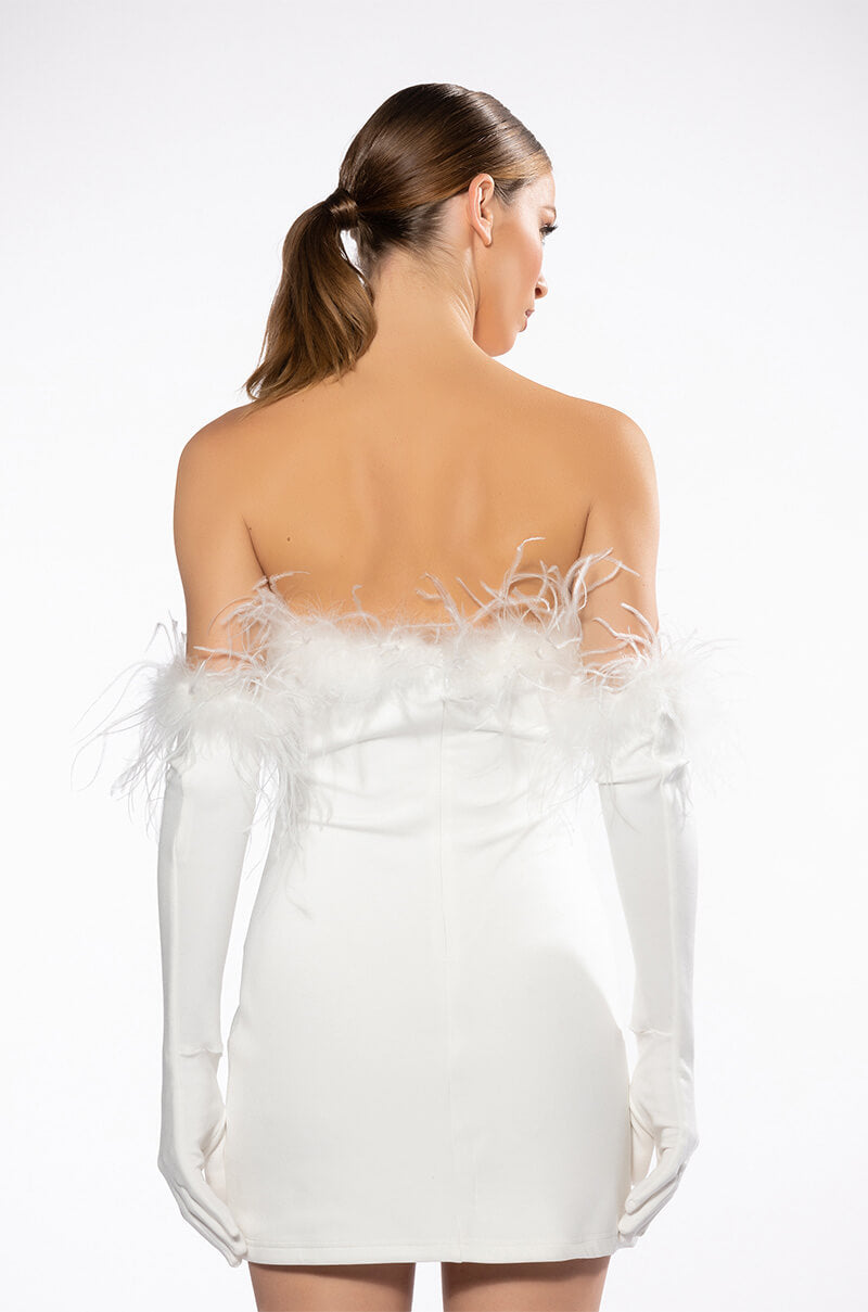 HOLLY FEATHER DETAIL STRAPLESS BODYCON DRESS WITH GLOVES