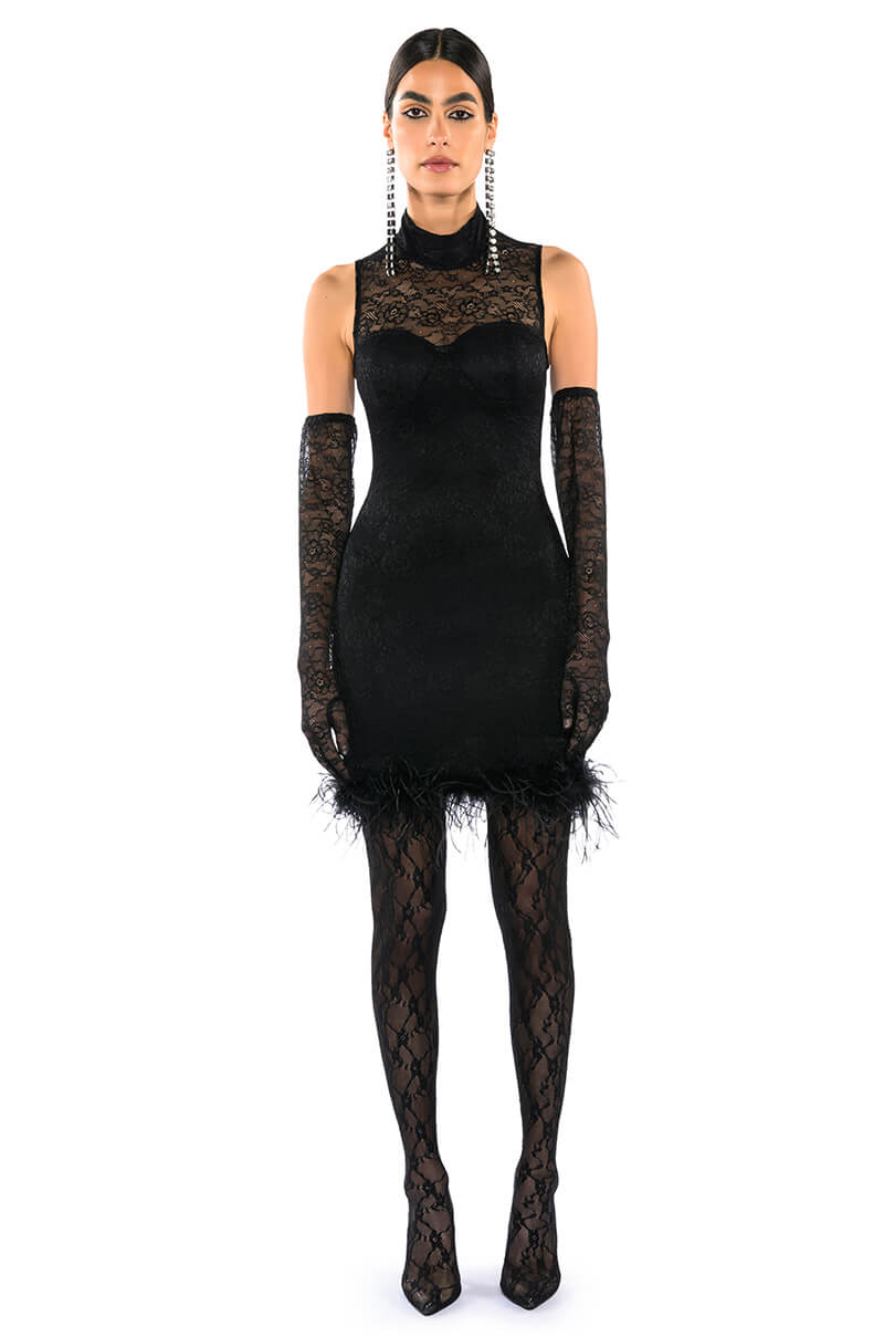 HOLLY STRETCH LACE FEATHER TRIM MINI DRESS WITH GLOVES