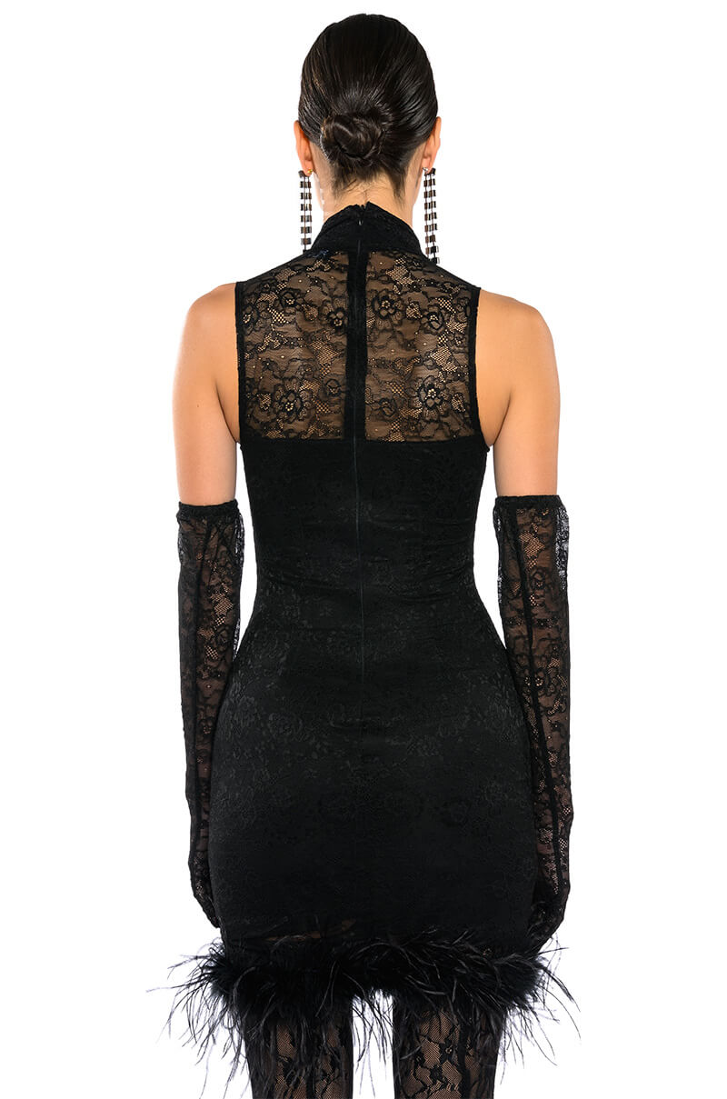 HOLLY STRETCH LACE FEATHER TRIM MINI DRESS WITH GLOVES