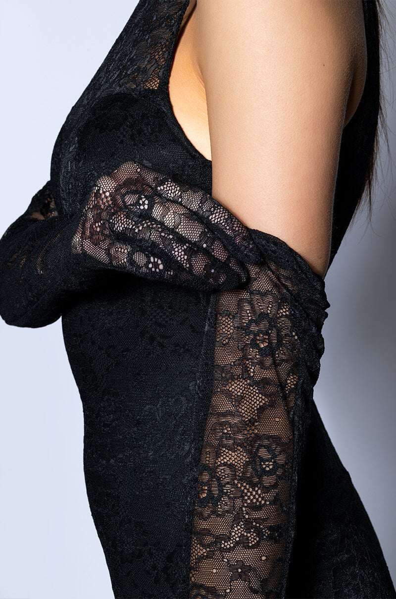 HOLLY STRETCH LACE FEATHER TRIM MINI DRESS WITH GLOVES