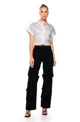 RHINESTONE STRIPE CROPPED BUTTON DOWN