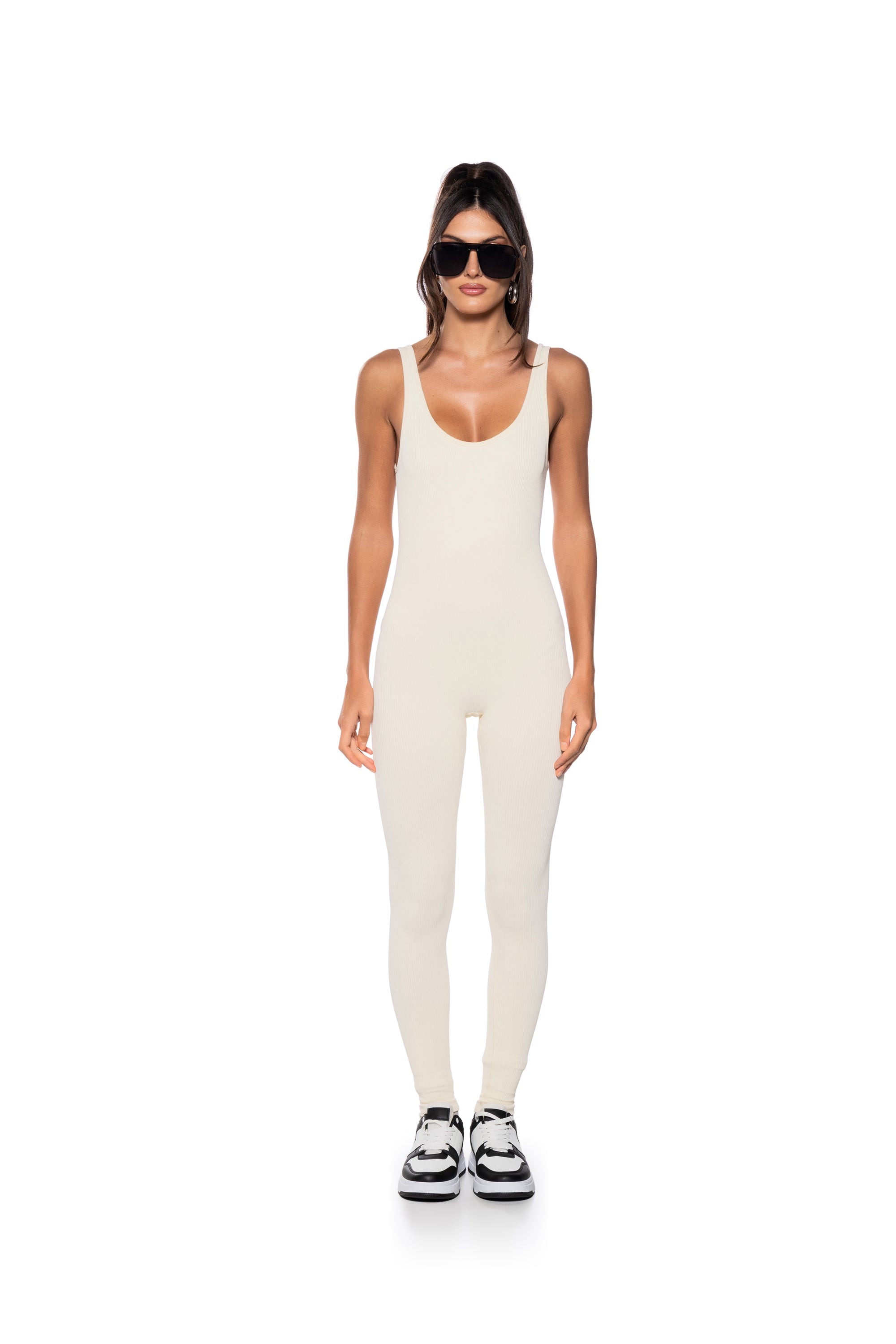 HOT GIRL WALK SLEEVELESS CATSUIT IN CREAM