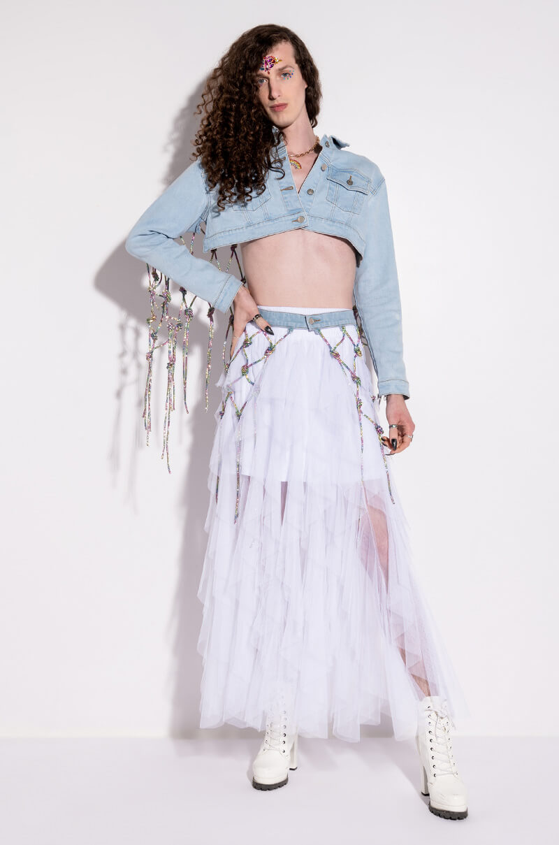 I AM ME CLYDE RAINBOW RHINESTONE CORD DENIM JACKET