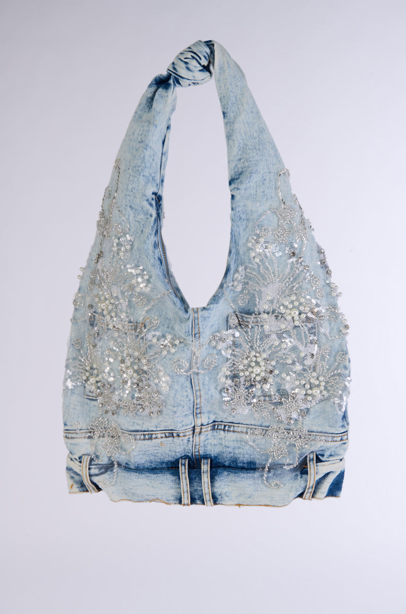 BLESSING IN DENIM EMBELLISHED SHOULDER BAG