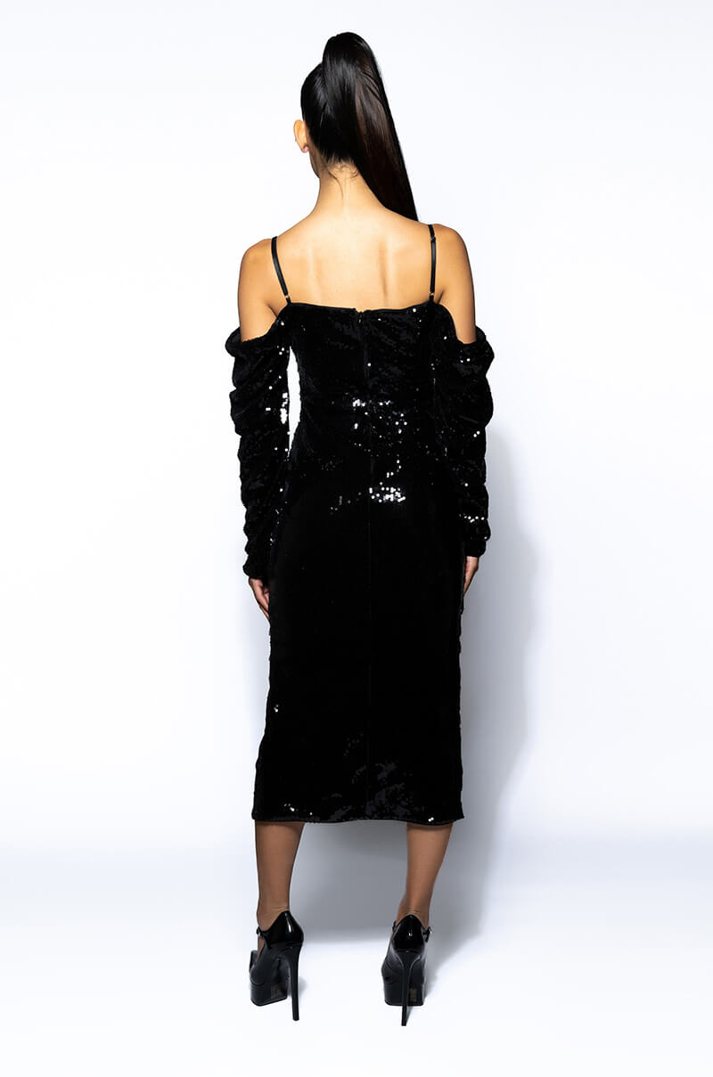 IMOGEN OFF THE SHOULDER LONG SLEEVE SEQUIN MIDI DRESS