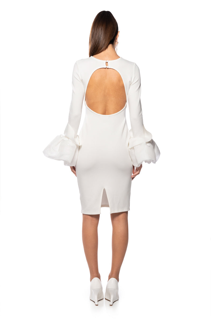 IN BLOOM EXAGGERATED CUFF LONG SLEEVE MIDI DRESS IN WHITE
