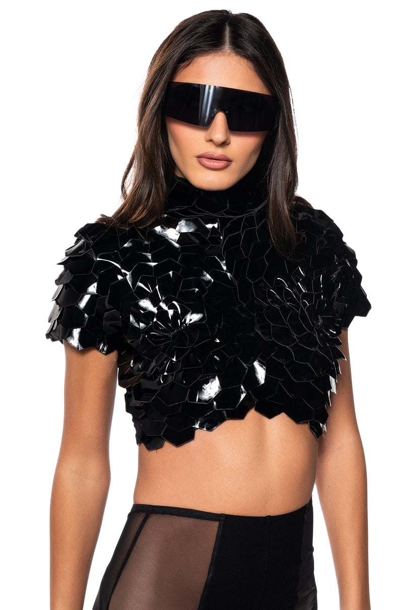 IN BLOOM FAUX LEATHER SHORT SLEEVE TOP