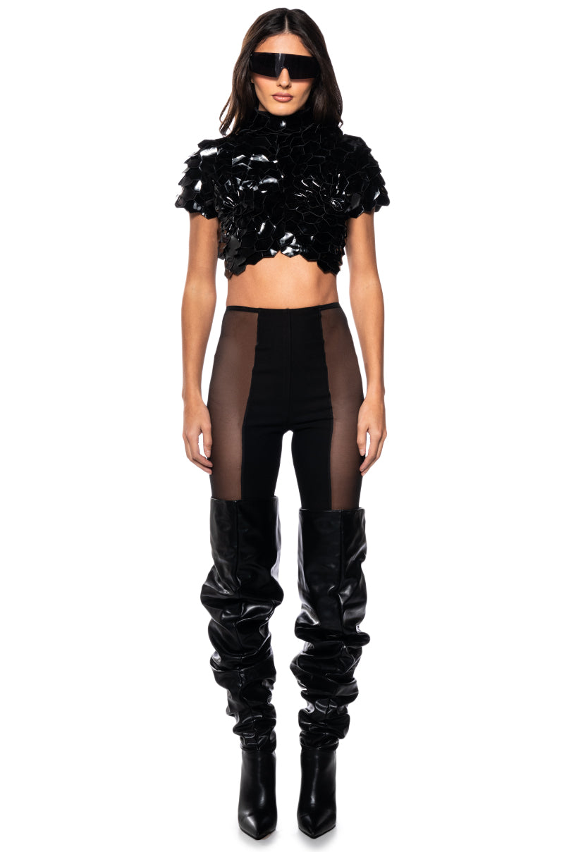 IN BLOOM FAUX LEATHER SHORT SLEEVE TOP