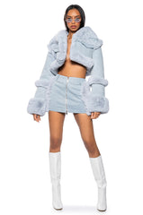 IN MY FEELINGS FUR TRIM DENIM MINI SKIRT