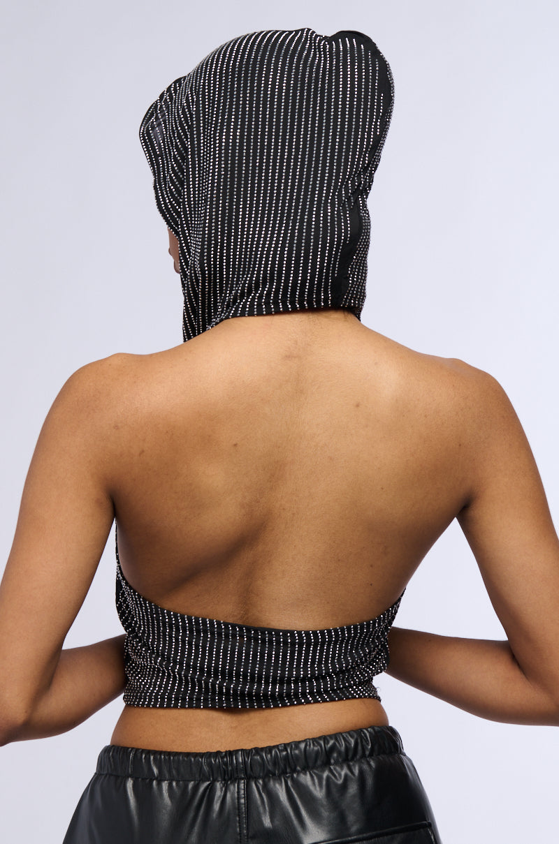 IN THE NAME OF LOVE HOODED RHINESTONE TOP IN BLACK
