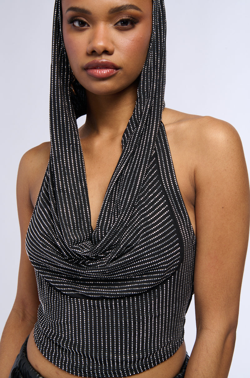 IN THE NAME OF LOVE HOODED RHINESTONE TOP IN BLACK