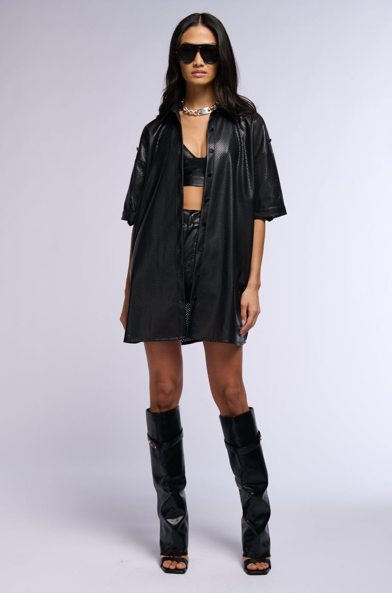 INCOGNITO LASER CUT OUT FAUX LEATHER SHIRT DRESS