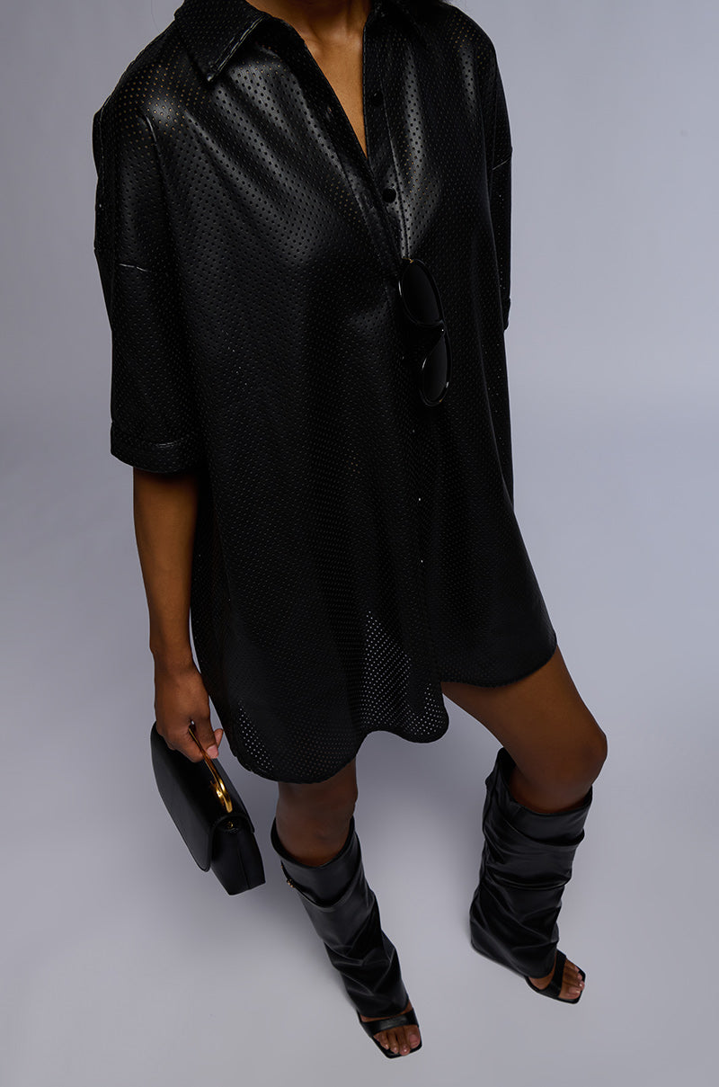INCOGNITO LASER CUT OUT FAUX LEATHER SHIRT DRESS