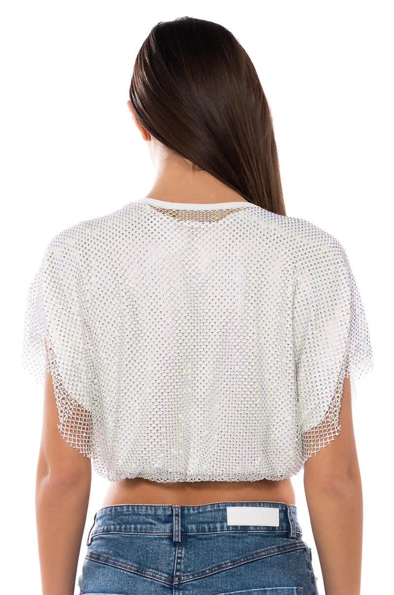 INDIGO DRAPED RHINESTONE MESH BLOUSE