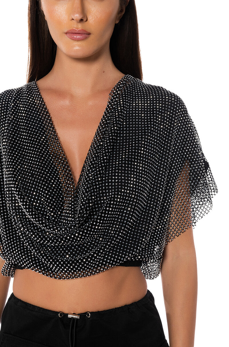 INDIGO DRAPED RHINESTONE MESH BLOUSE