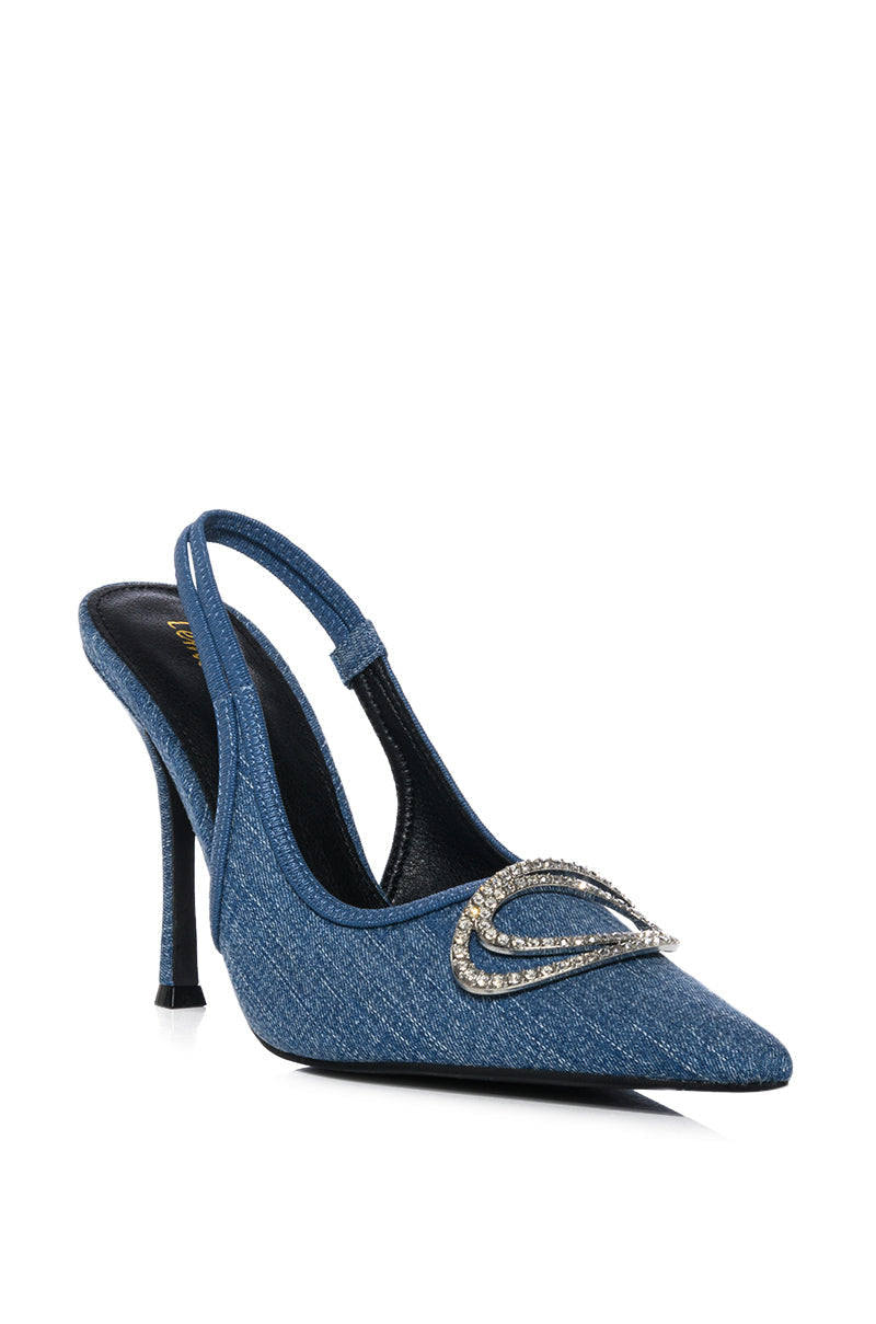 INTERLOCKING DENIM SLING BACK STILETTO
