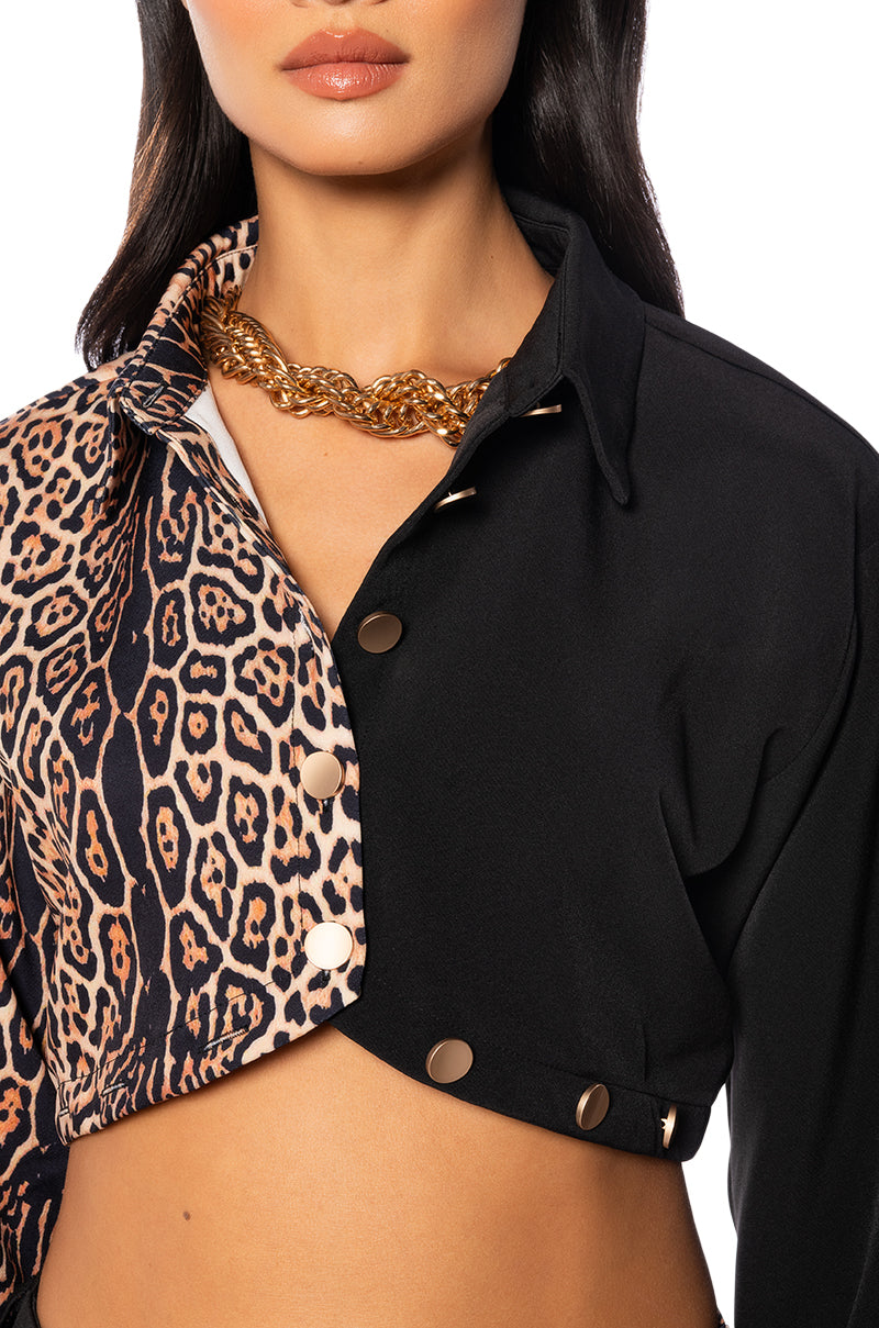INTO THE JUNGLE BUTTON DOWN CROP BLOUSE