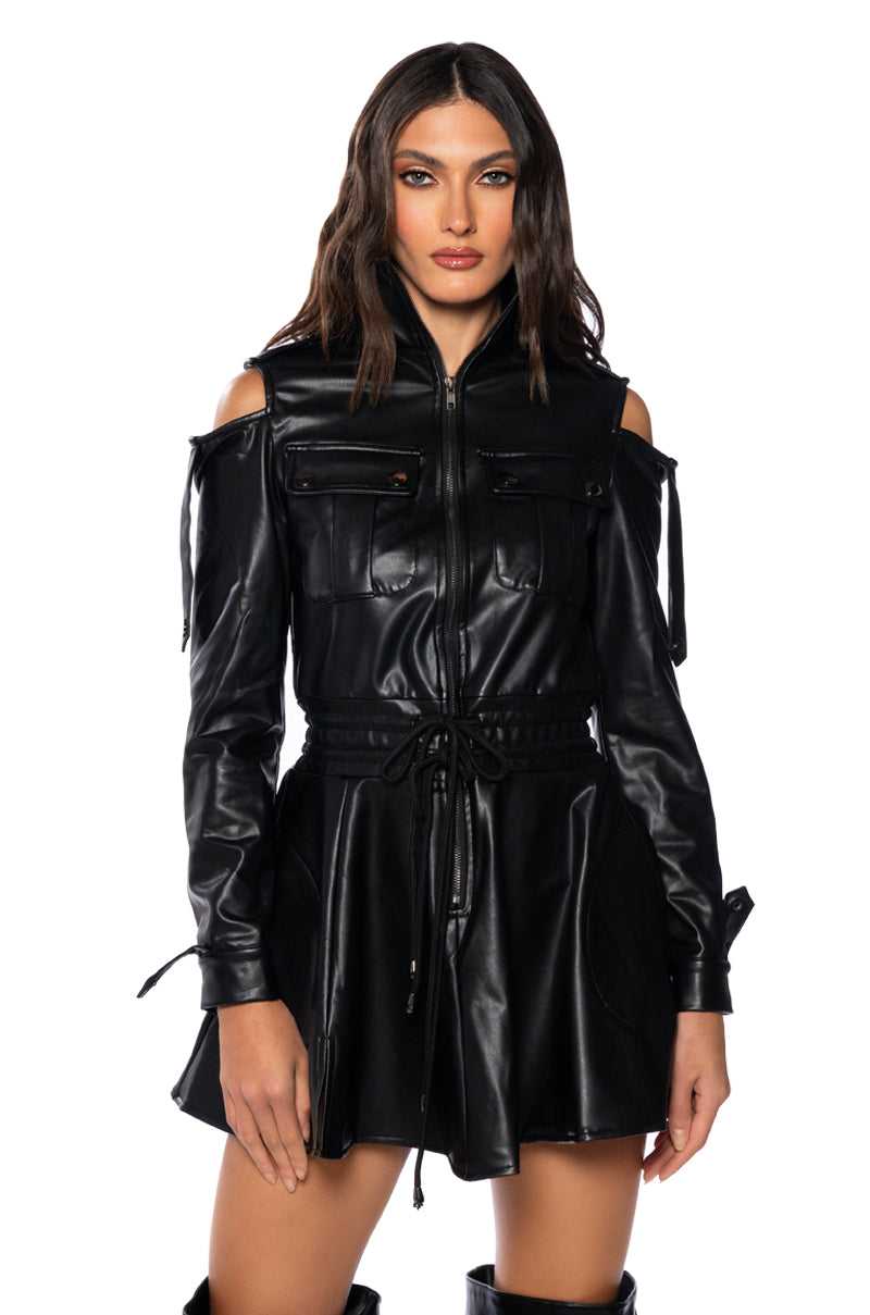 INTO THE MATRIX FAUX LEATHER LONG SLEEVE MINI DRESS