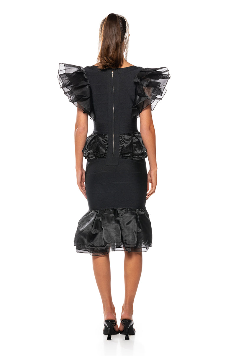 INTO THE NIGHT BLACK RUFFLE BANDAGE DRESS