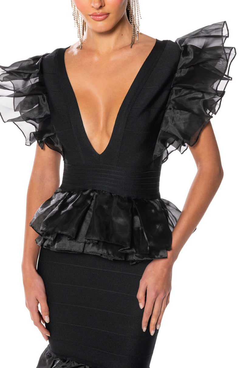 INTO THE NIGHT BLACK RUFFLE BANDAGE DRESS