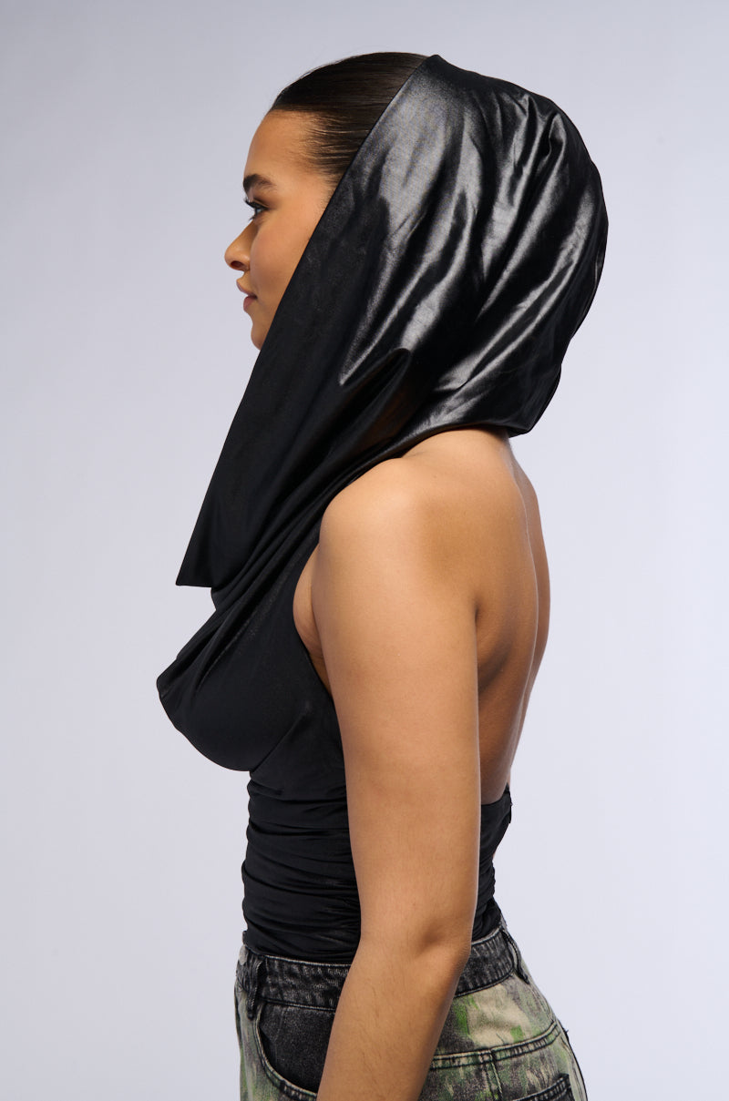 INTO THE NIGHT HOODED SLICK KNIT RUCHED BODYSUIT
