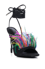 INTO YOU FEATHER DETAIL DENIM STILETTO SANDAL IN BLACK