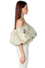 IRIS OFF THE SHOULDER BLUE BROCADE BLOUSE