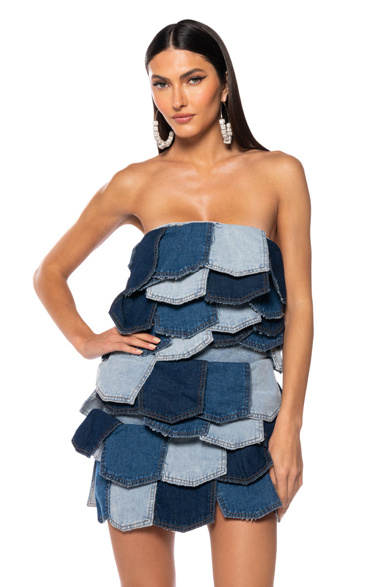 ISLA DENIM PATCHWORK STRAPLESS MINI DRESS