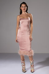 ISLA FEATHER DETAIL STRAPLESS MIDI DRESS