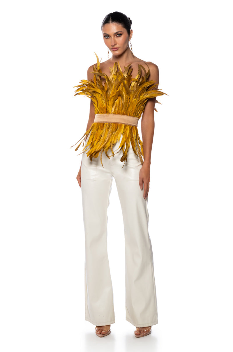 ISLA STATEMENT STRAPLESS FEATHER TOP