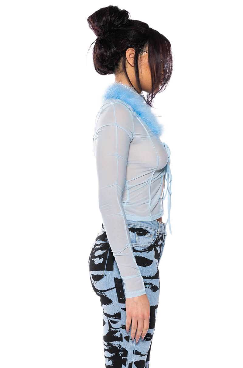 KEEP MY ATTENTION FEATHER DETAIL MESH TOP