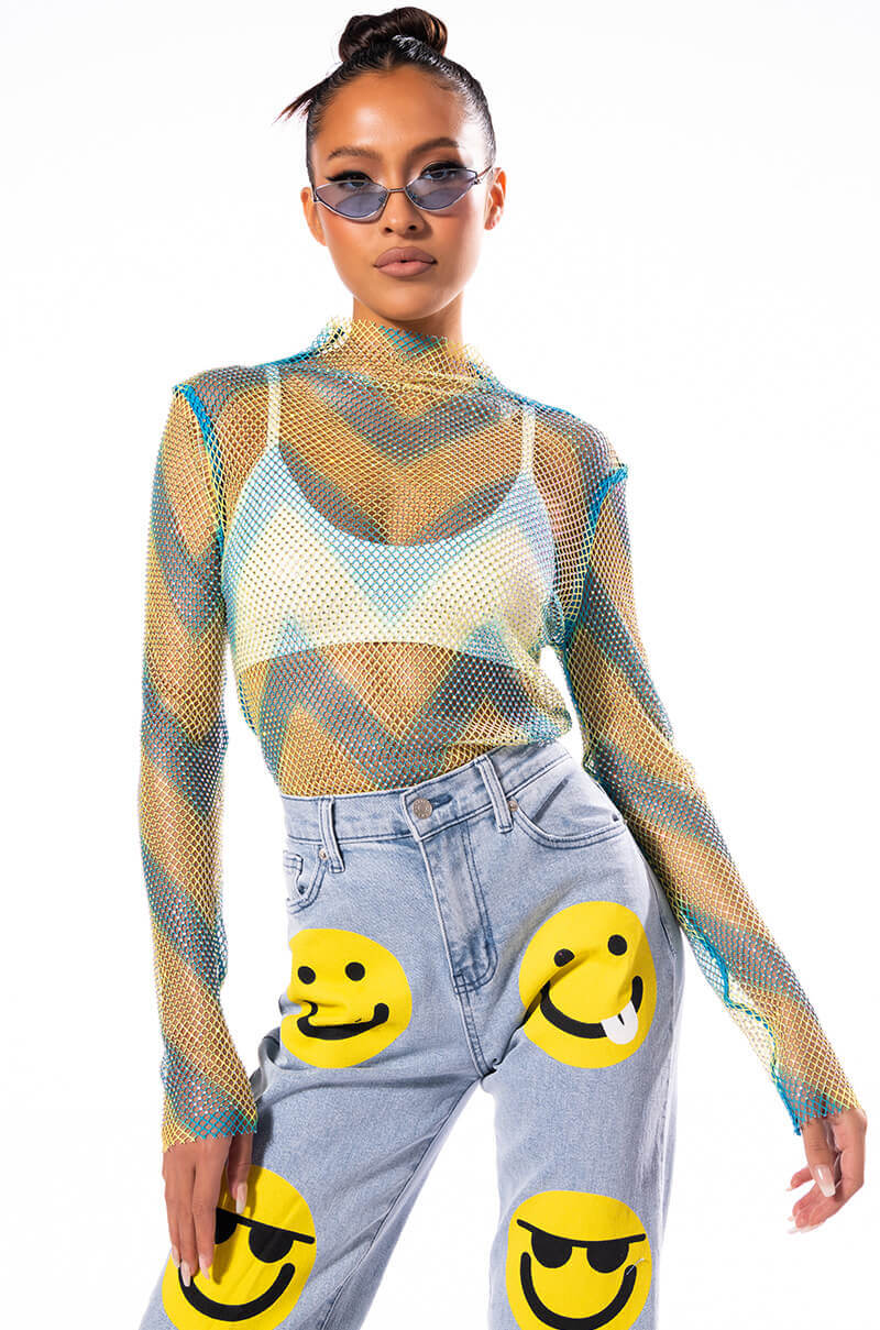 LASTING IMPRESSION LONG SLEEVE MOCK NECK RHINESTONE MESH TOP