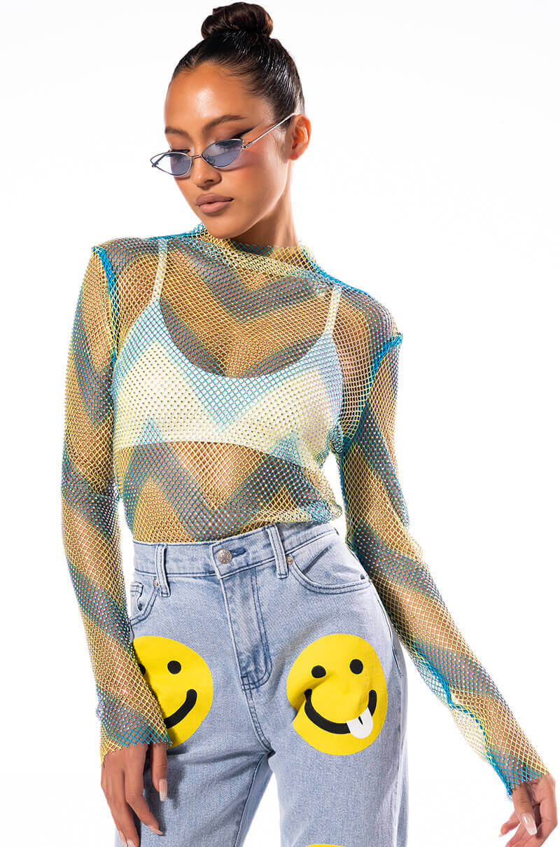 LASTING IMPRESSION LONG SLEEVE MOCK NECK RHINESTONE MESH TOP