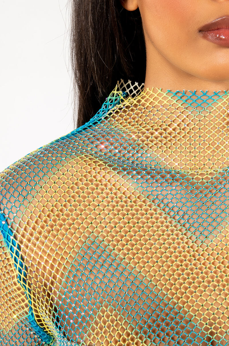 LASTING IMPRESSION LONG SLEEVE MOCK NECK RHINESTONE MESH TOP