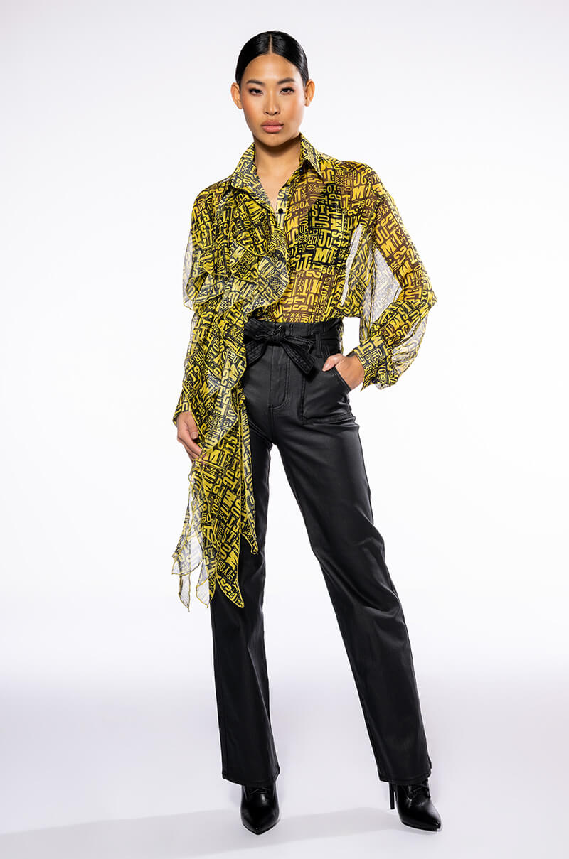 LE CHIC COATED PAPERBAG WAIST STRAIGHT LEG PANT