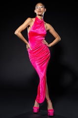 LENNIE ASYMMETRICAL HALTER MIDI DRESS
