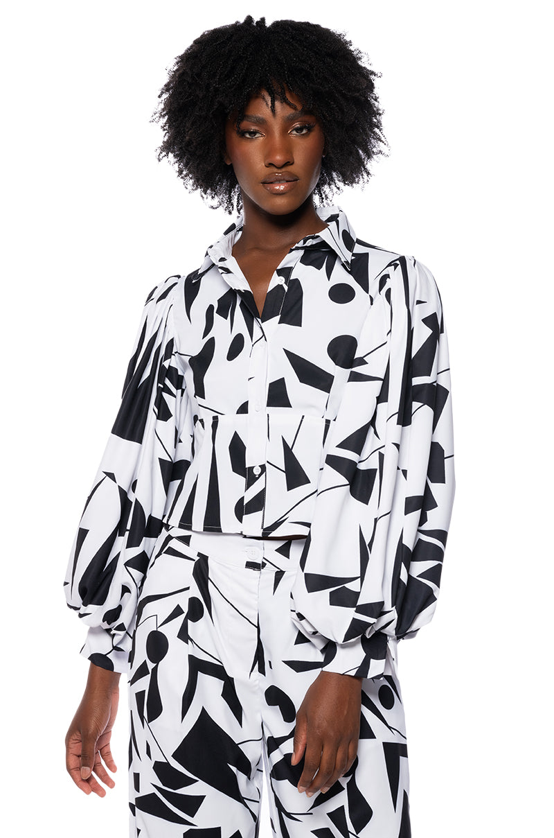 LENNON PRINTED PUFF SLEEVE BUTTON DOWN