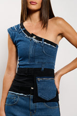 LET IT HAPPEN DENIM ONE SHOULDER TOP