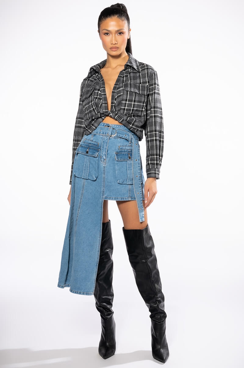 OWN VIBE ABSTRACT CUT DENIM SKIRT