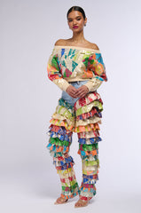 LIFE IS BUT A DREAM BROCADE RUFFLE DENIM JEANS